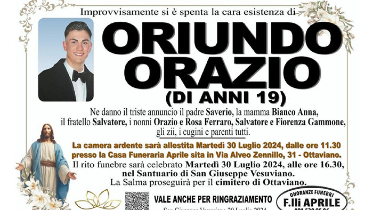 Orazio morto a Ottaviano, domani l'ultimo saluto a San Giuseppe Vesuviano - 