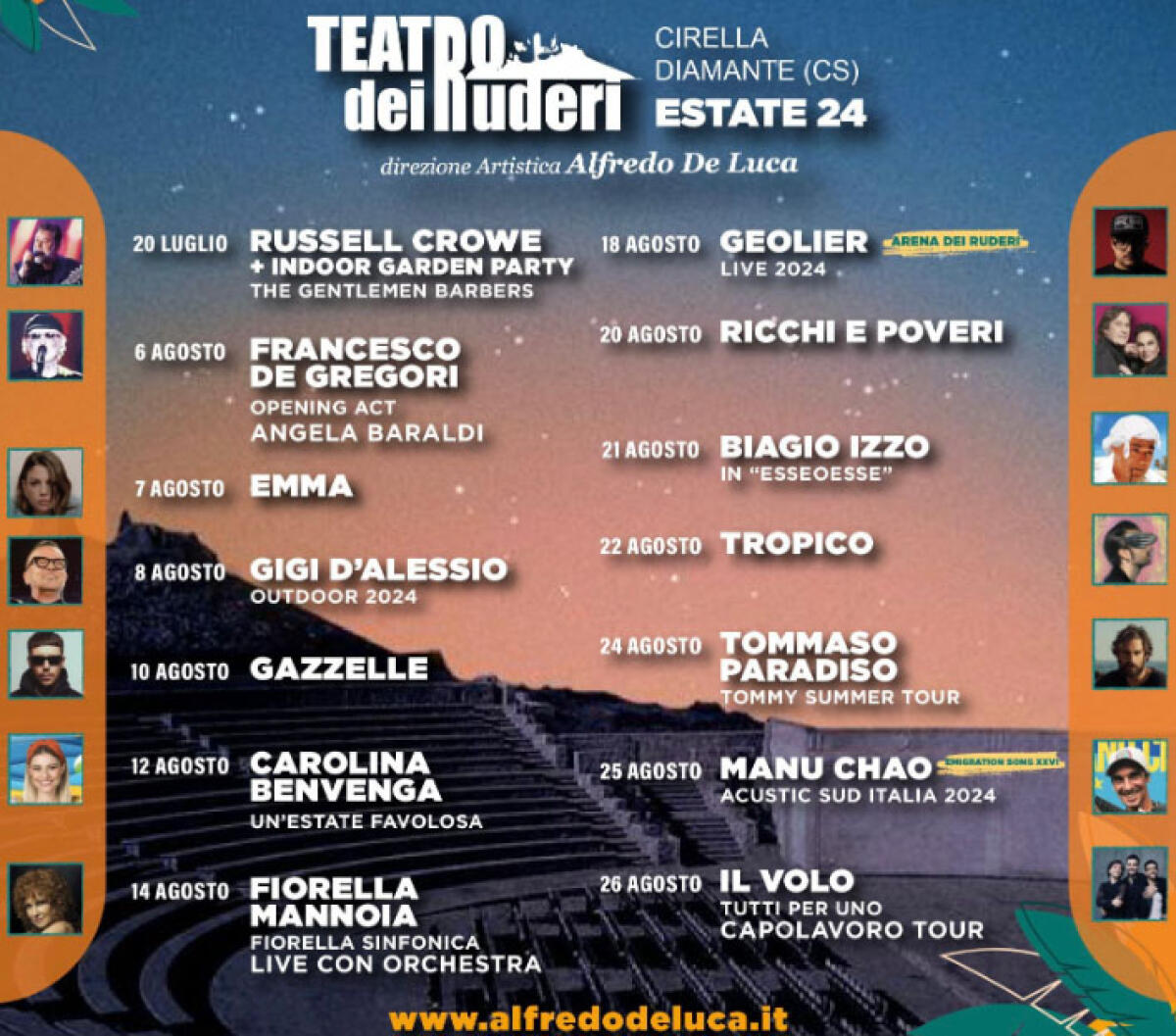 Teatro dei Ruderi: al festival calabrese al via sabato con Russel Crowe e star come Gigi D’Alessio, Geolier, Il Volo e Francesco De Gregori - 