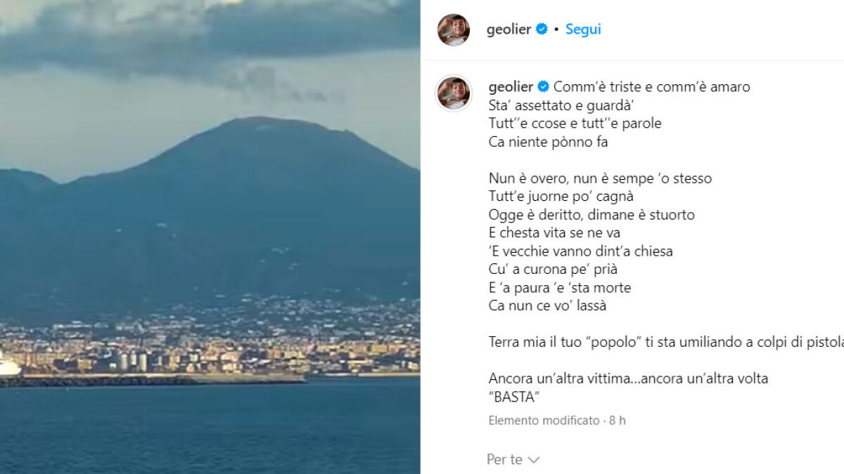 Altro giovane ucciso: il post di Geolier con il Vesuvio e il suo dolore per Napoli - 
