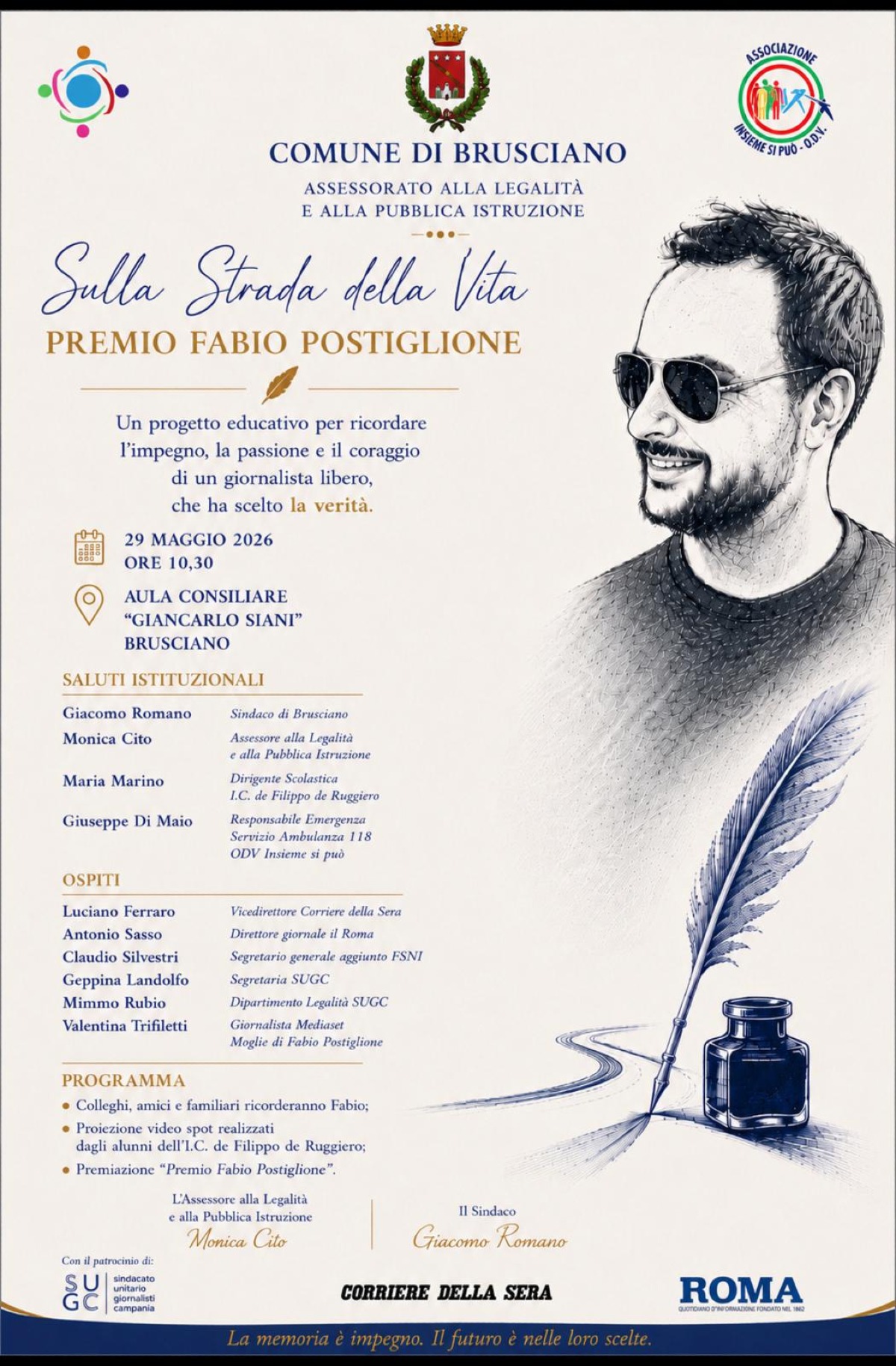 Brusciano, il 29 maggio la cerimonia conclusiva del progetto “Sulla Strada della Vita – Premio Fabio Postiglione” - 