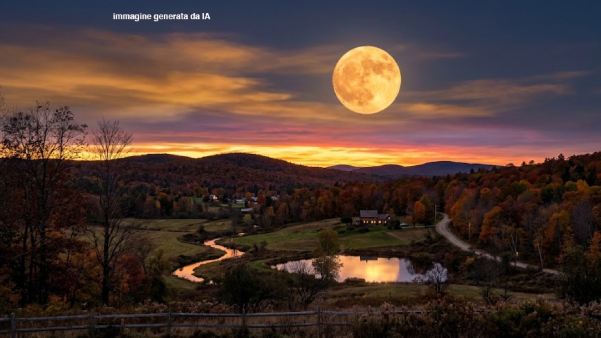 Luna piena del cacciatore in arrivo all'alba - 